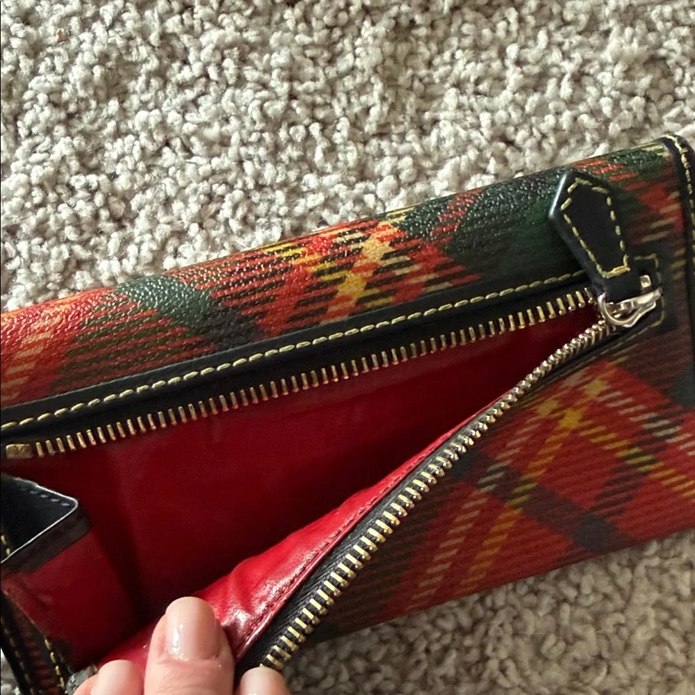 Dooney & Bourke Red Plaid Tartan Trifold Wallet with Leather Trim - Picture 5 of 11
